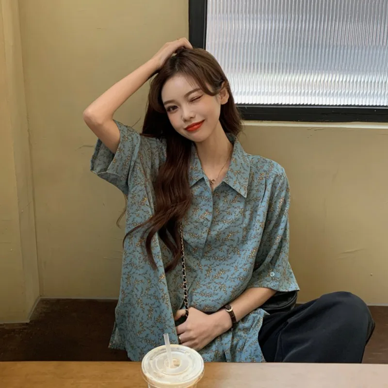 

plus Size Floral Print Chiffon irt Women's Summer Lazy Sle Loose ort Sve Korean Commute Sle Button up Top