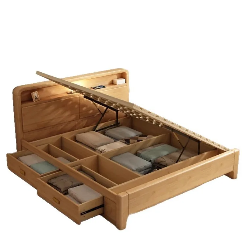 Nordic solid wood bed 1.35m storage air pressure side open storage pull telescopic small apartment high box 1.5m double bed