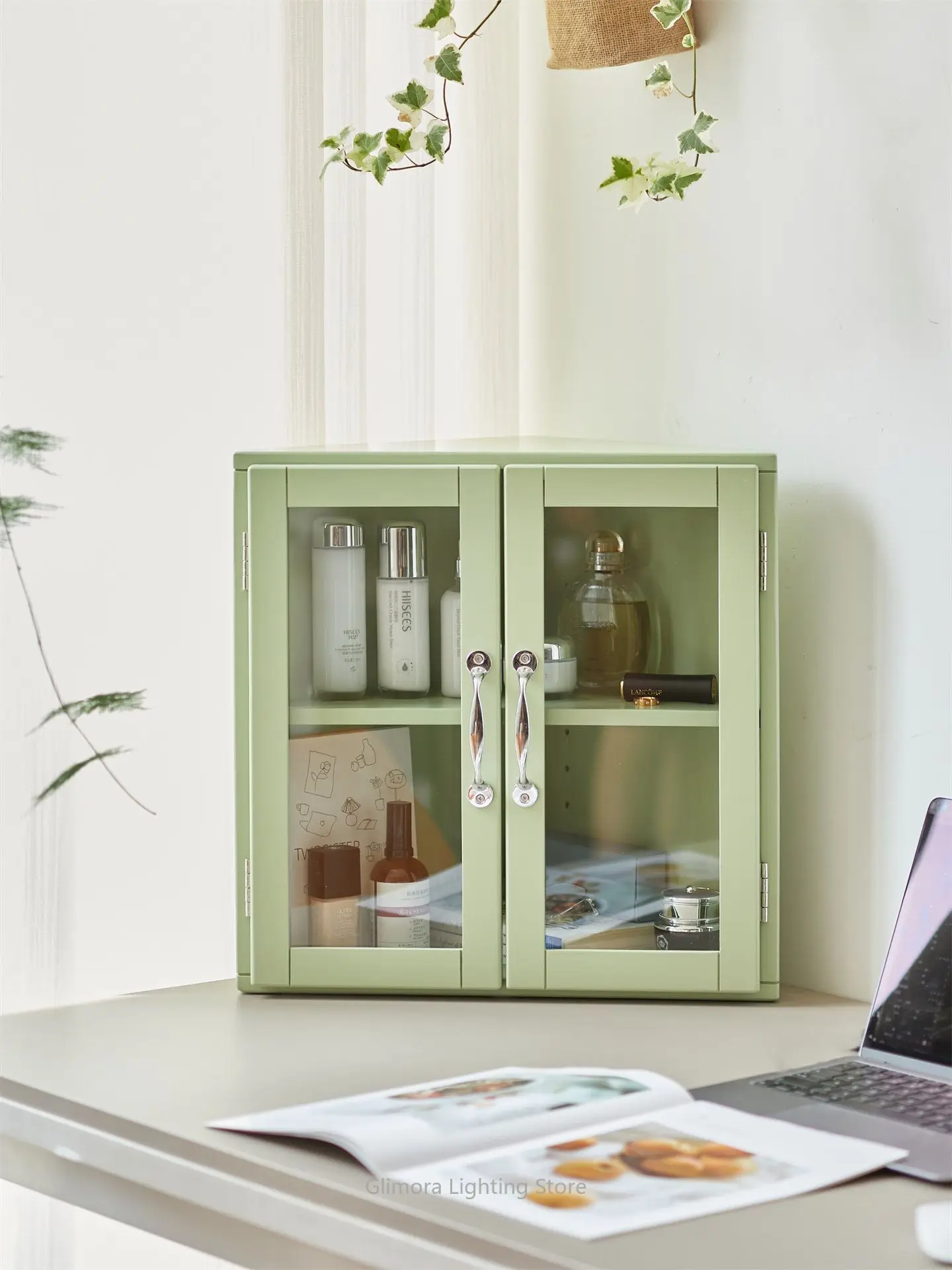 Solid Wood Triangular Storage Cabinet for Desk, Multi-Layer Display Shelf with Glass Door for Corner