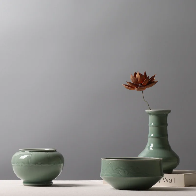 Chinese handmade celadon vase hotel teahouse study creative flower arrangement decoration washed pen wash study plate ornament