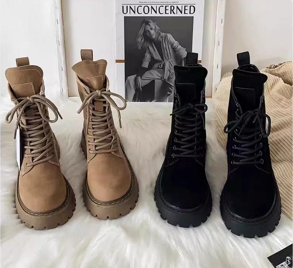 

Luxury Designer Lace Up Rain Leather Shoes Women Rubber Ankle Boots Round Toe Mid-Calf Platform Motorcycle Boots