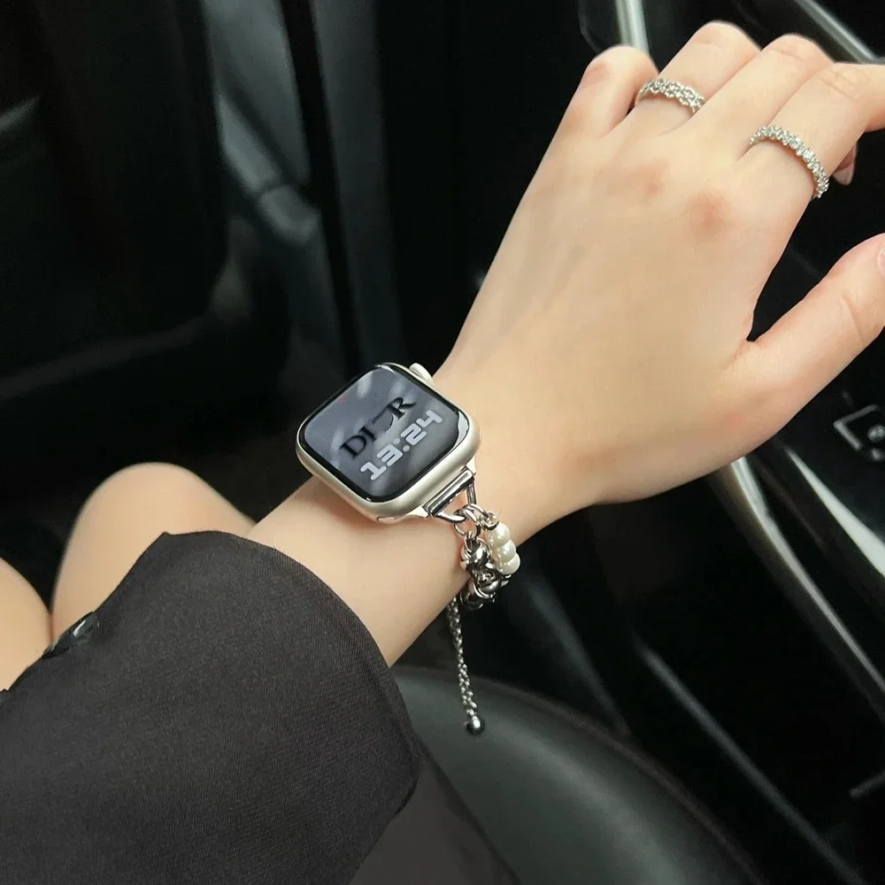 Correa de bucle de Metal con cuentas para Apple Watch Band para mujer 38mm 40mm 41mm 42mm 44mm 45mm 46mm 49mm