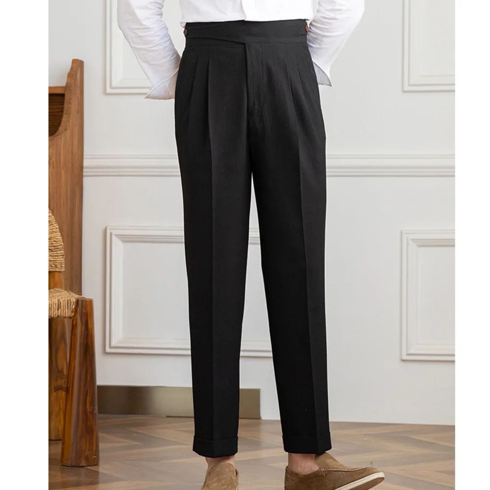 Luxury Seesucker Summer Casual Men Pants Italian Gorkha High Waisted Straight Suit Pant Black White Office Social MaleTrousers