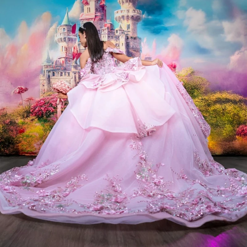 Różowa Błyszcząca Suknia Balowa Sukienki na Quinceañerę Odkryte Ramiona Aplikacje Kwiatowe Koraliki Impreza Urodziny Sweet 16 Sukienka Vestidos 15 De