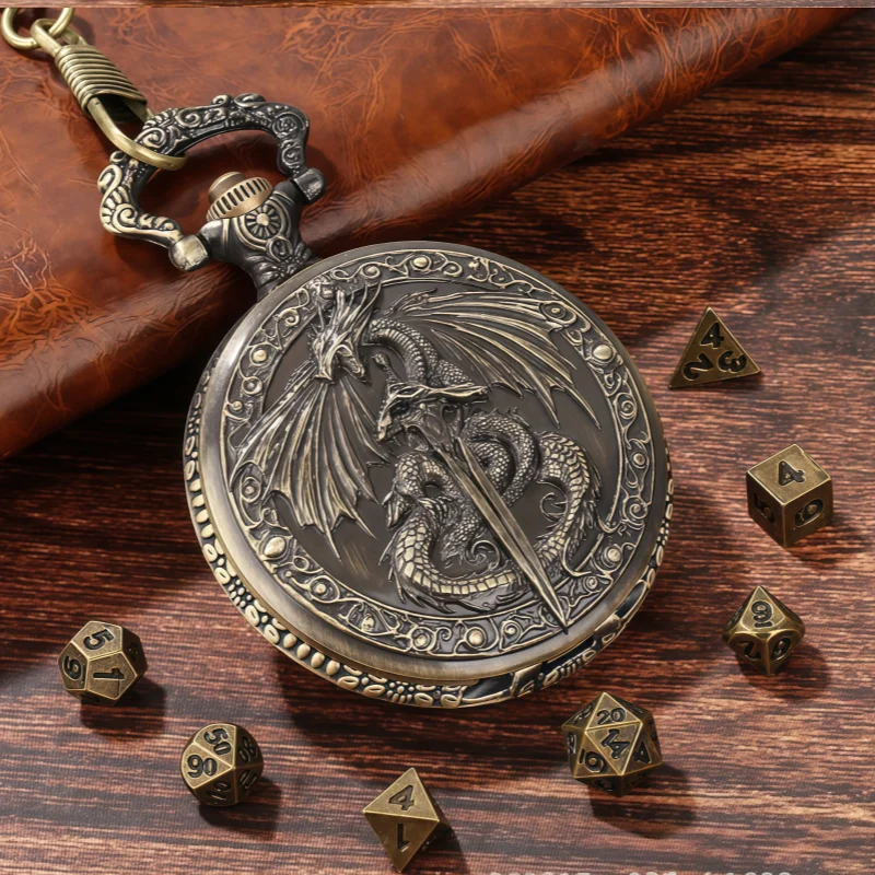 High Quality Flying Dragon Pocket Watch Dice Set 7 Piece Metal Polyhedral DND Dice with Chain for RPG Tabletop Games Gift