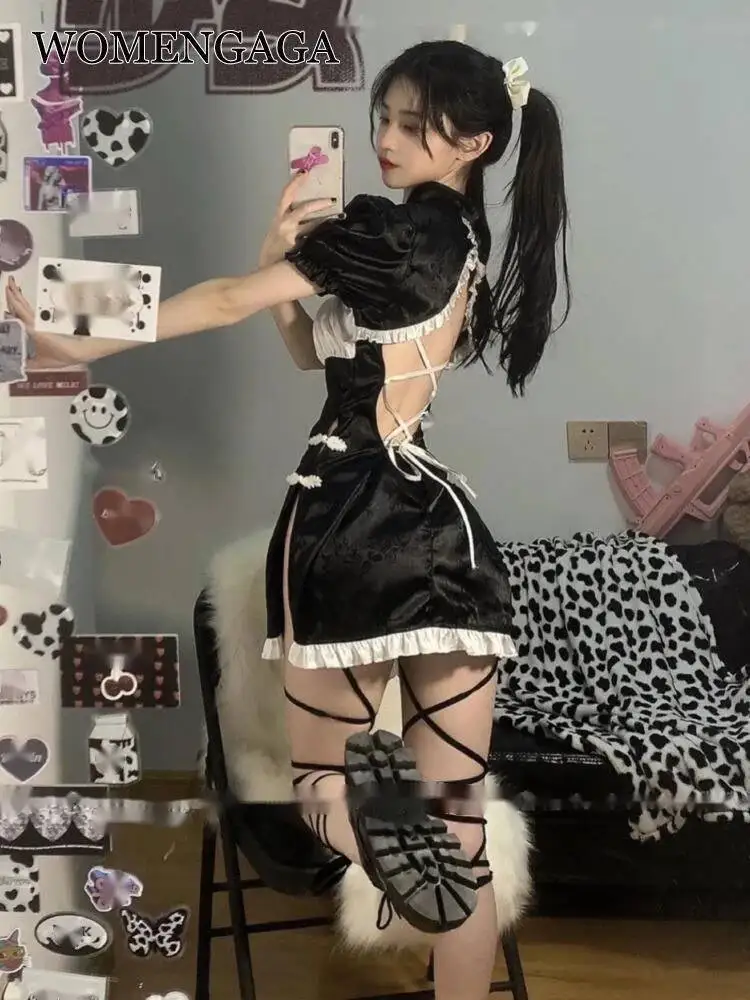 WOMENGAGA zoete Chinese cheongsam stijl backless Slash hals retro mini jurk kant ruches meid Lolita hot sexy koreaanse top A8BG