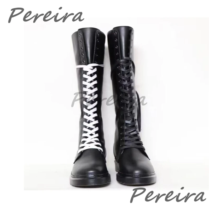 British Style Men's Knee High Boots Round Toe Lace-Up Genuine Leather Knight Boots Autumn Winter Trendy Back Zipper Male Shoes