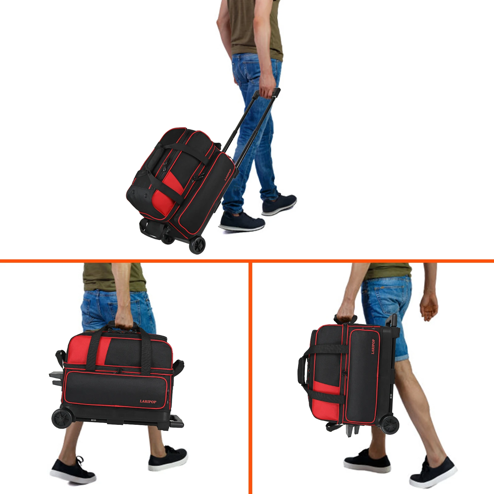 Dual Roller 2-Ball Bowling Bag, Featuring a Separate Large Shoe Compartment Capable, a 3-Section Telescopic Handle that Extends