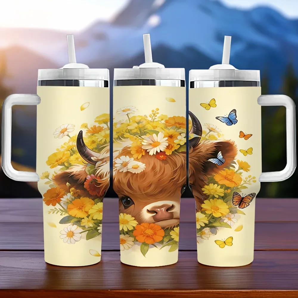 40oz Tumbler with Handle, Features Cute Highland Cow with Flowers And Butterflies Print, Long Lasting Insulated, Ideal As Holiday Birthday Gift for Daily Use And Outdoor Activities