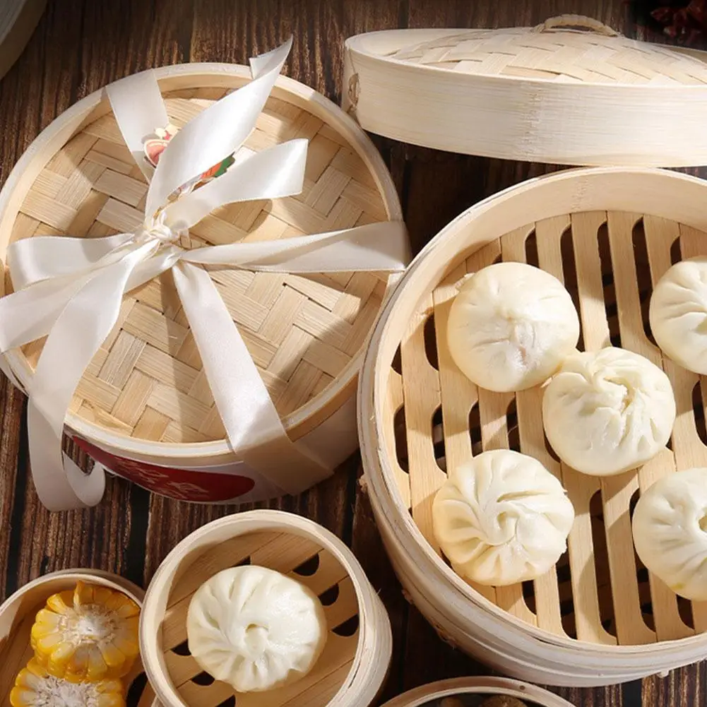 Vaporizador de bambú de 18cm, cesta de vapor para bolas de masa, pescado, arroz, bollos al vapor, vaporizador calentado, herramientas de cocina chinas Dim Sum