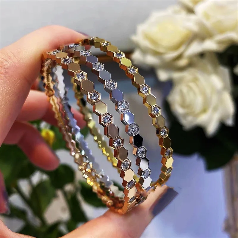 Fashion Stainless Steel Micro Paved Bangles For Women Simple Gold Color Geometric Honeycomb Bracelet Party Jewelry