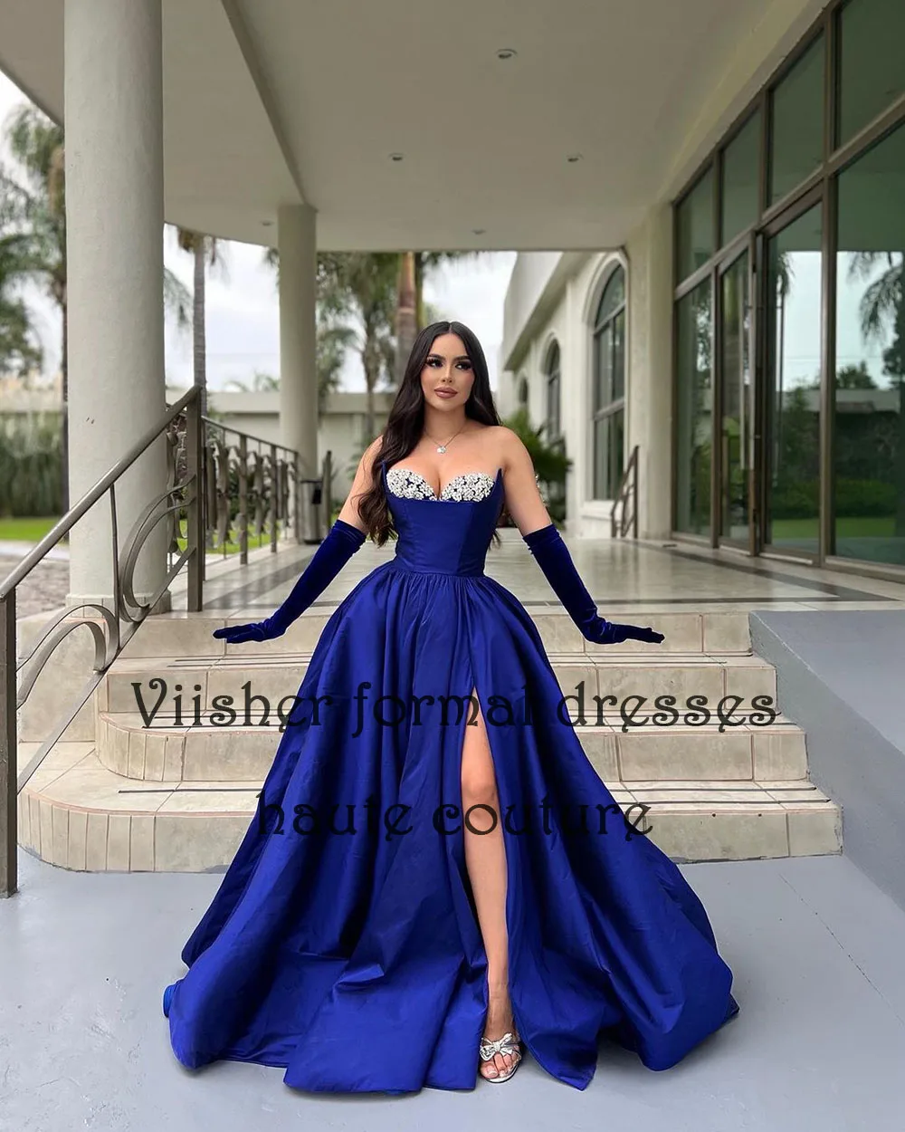 Vestido de fiesta de satén azul real para mujer, Vestidos de Noche de línea A con cuentas de hendidura, vestido de graduación con escote Corazón, vestidos de fiesta de noche con cordones en la espalda