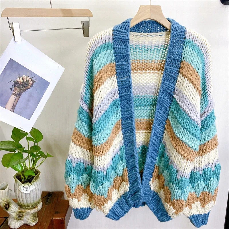 Women Striped Color-block Handmade Chunky Cardigan 2023 Autumn Winter Knit Top Women Clothes