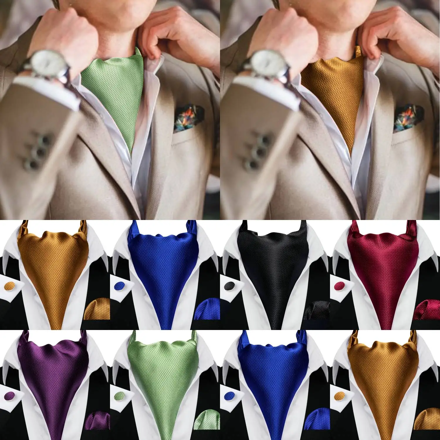 Barry.Wang Men's Ascot Pocket Square Cufflinks Sets Rose Red Green Blue Cravat Tie For Male Formal Casual Wedding Business Gift