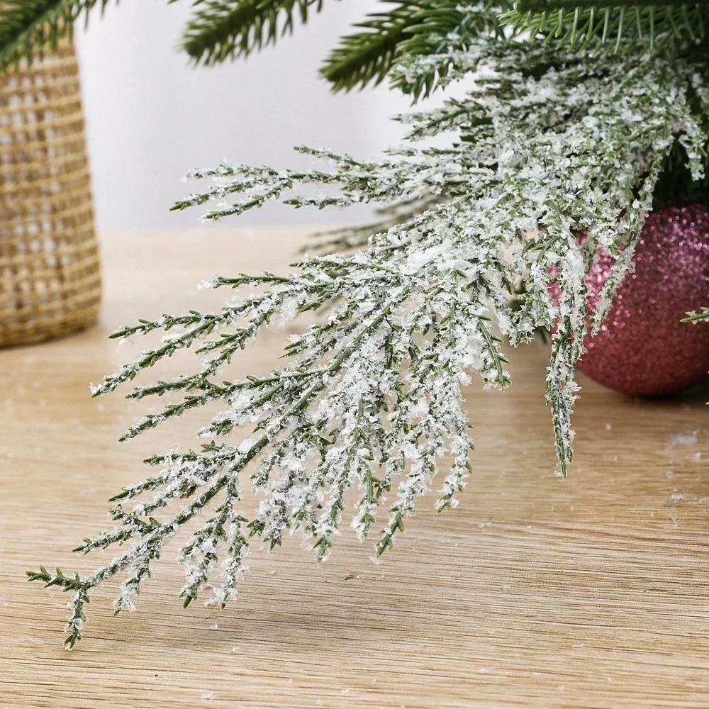 Christmas Snow Frosted Pine Branches Artificial Faux Cedar Fake Sprigs Pine Leaves Plastic Cypress Garland Wreath DIY Decoration