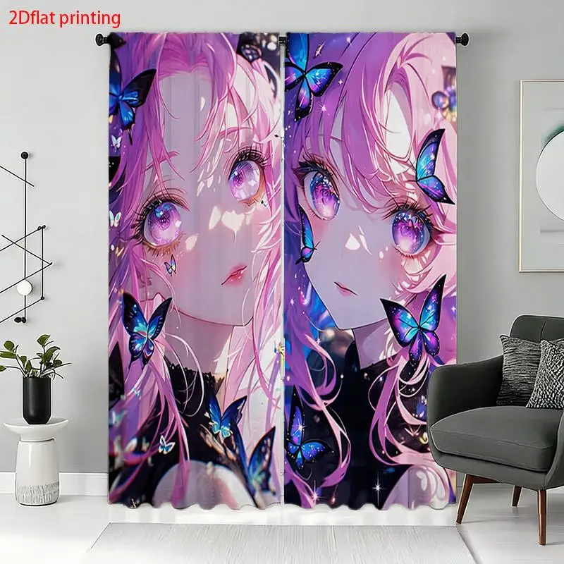2pcs Anime Manga Pop Art Girl Curtain Pink Purple Aesthetic Window Curtains Dreamy Kawaii Home Decor Drapes
