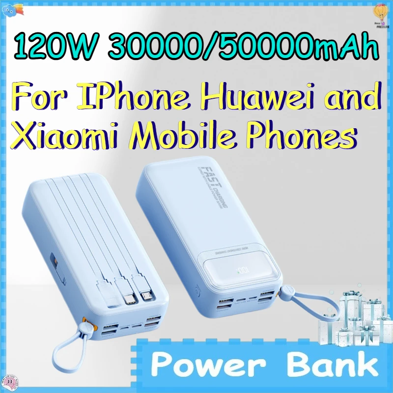 

120W 30000/50000mAh Power Bank for IPhone Huawei and Xiaomi Mobile Phones Portable Charger with Built-in Fast Charging Cable
