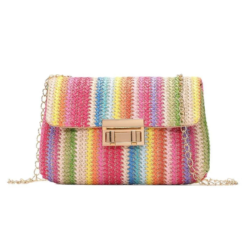 Women Summer Beach Rainbow Stripe Woven Straw Crossbody Shoulder Bag Front Flap Turn-Lock Chain Boho Vacation Small Size Purse view 2