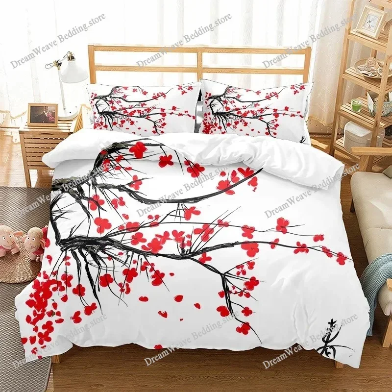 Japanese Duvet Cover Branch of A Flourishing Sakura Tree Flowers Cherry Blossoms Spring Art Polyester Bedding Set FullKing Size9