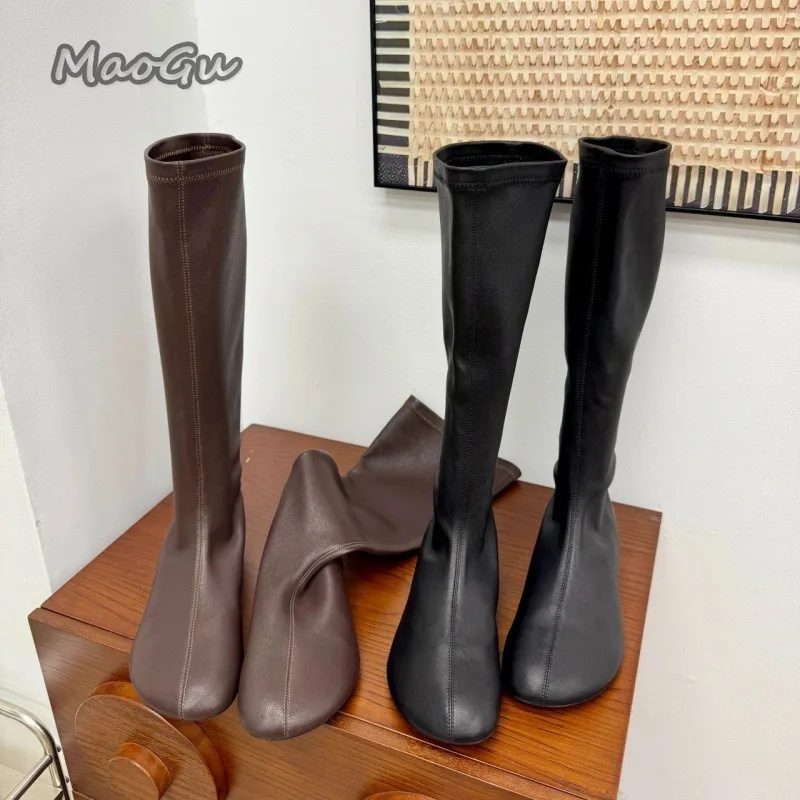 Faux Leather Women's Knee-High Brown Long Boots Square Toe Spring Autumn Pull-On Boots Low Heel Botas Mujer Comfortable Shoes image 4