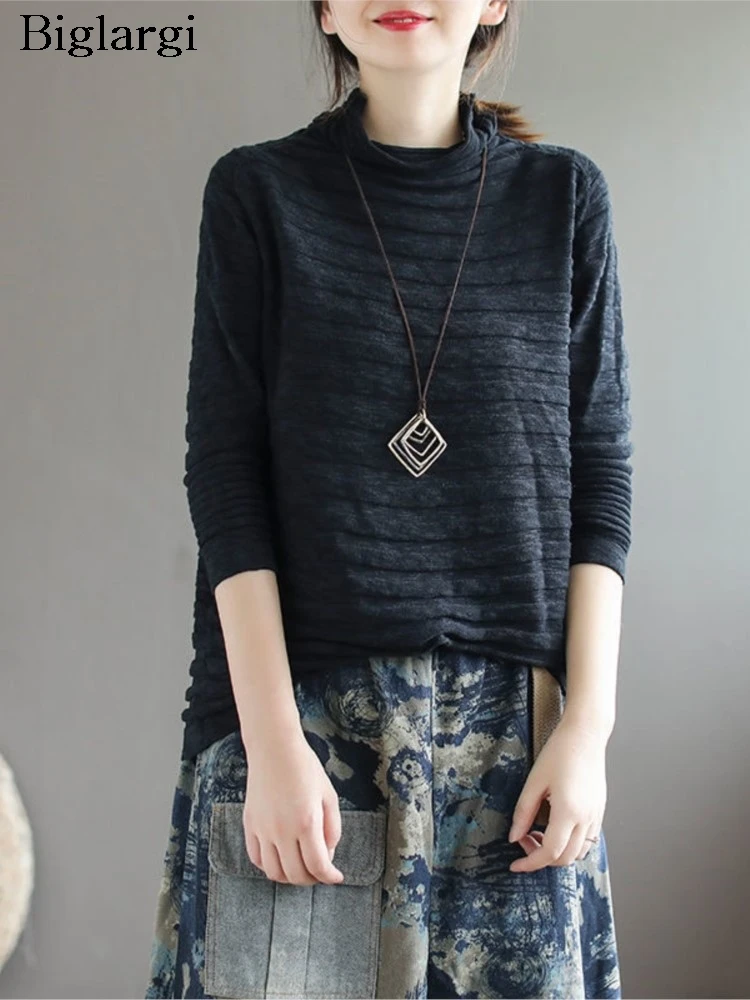 

Негабаритные вязаные осенние водолазки, пуловеры, футболки, женские повседневные свободные плиссированные женские блузки, модные женские футболки