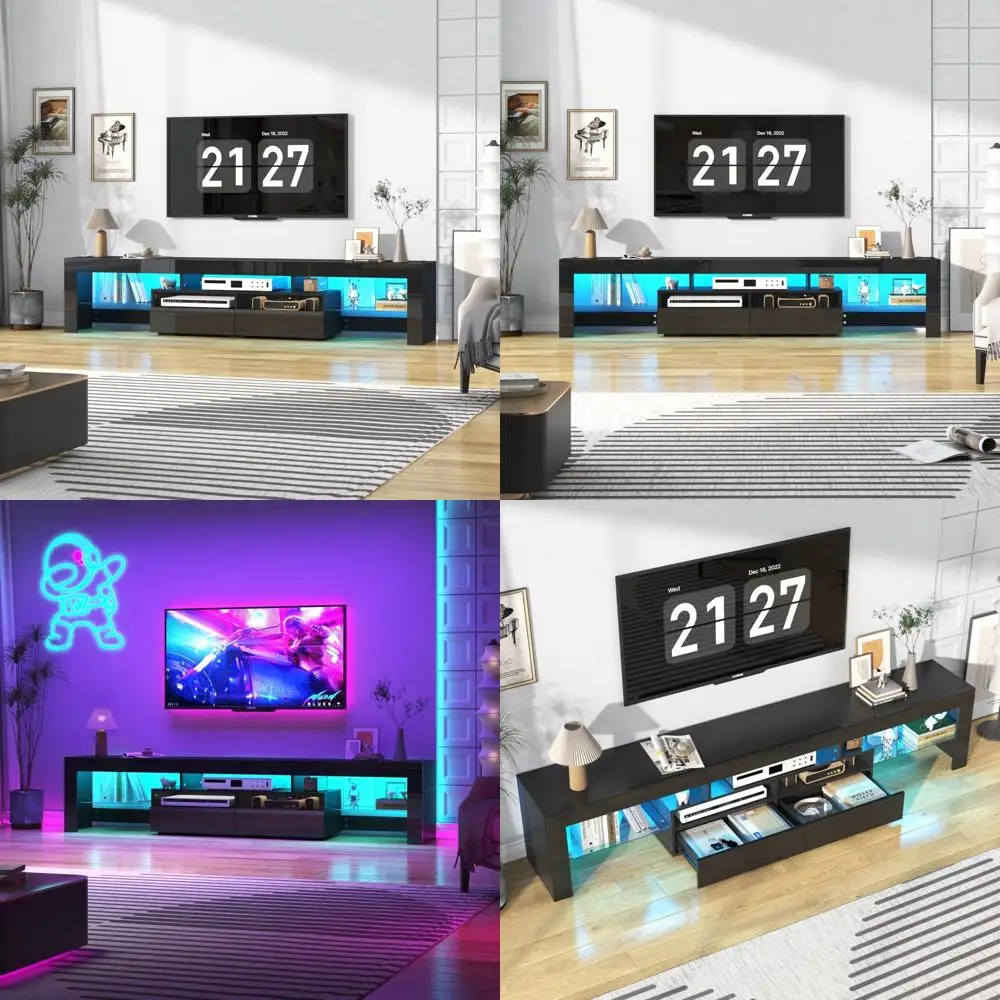 Meuble TV moderne pour téléviseurs de 85 à 95 pouces – Centre de divertissement noir brillant pour le salon