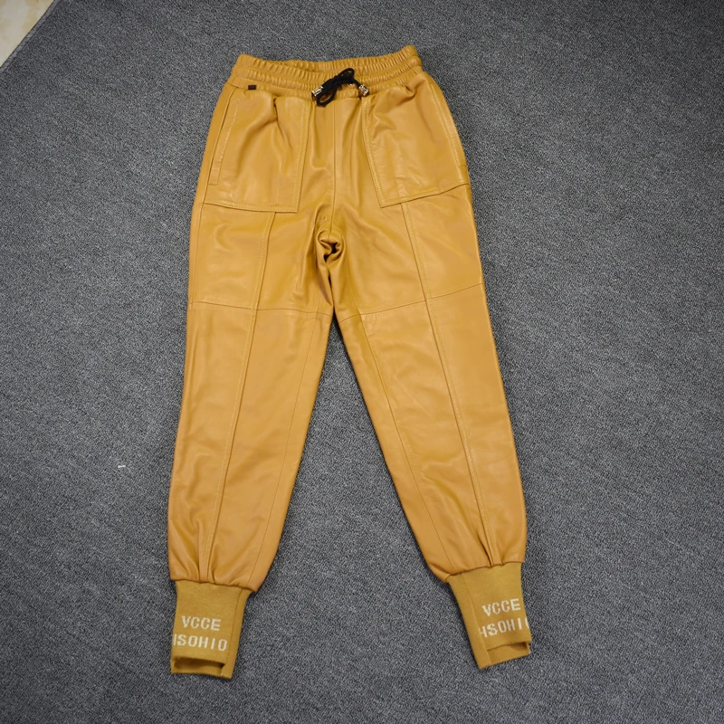 2024 Autumn winter fashion drawstring Genuine sheep leather pants female elastic waist casual leather harem trousers for women