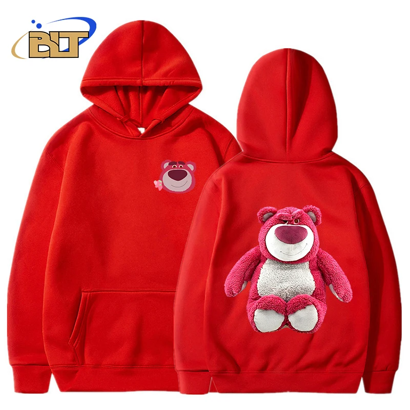 

lotso bear print men's plus fleece hoodie autumn and winter sports sweatshirt strawberry bear loose top