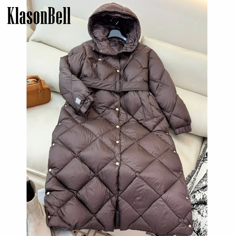 9.5 KlasonBell Women Quilted Argyle Plaid Hooded Goose Down Outerwear Long Sleeve Sashes Slim Long Keep Warm Down Jacket