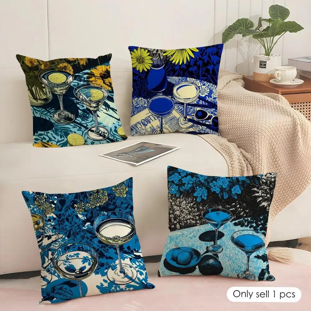 Cocktail glass print Cushion Cover Silky Short Plush Sofa Pillow Cover Hidden Zipper Soft Dustproof Case for Home Decor