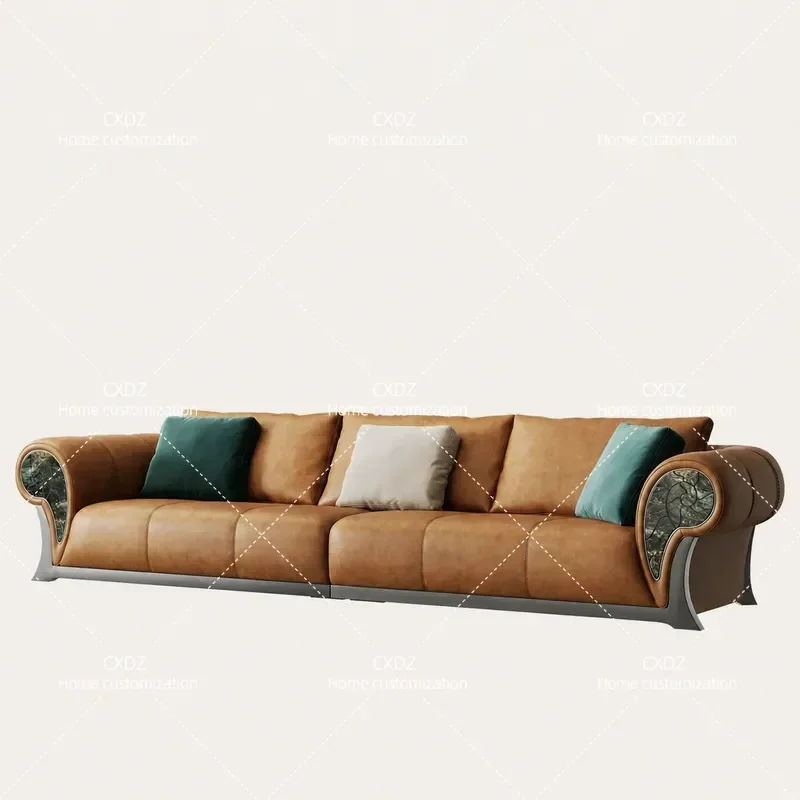 Italian Minimalist Conch Sofa Full Leather Inline Couch for Villa Living Room Home Furniture