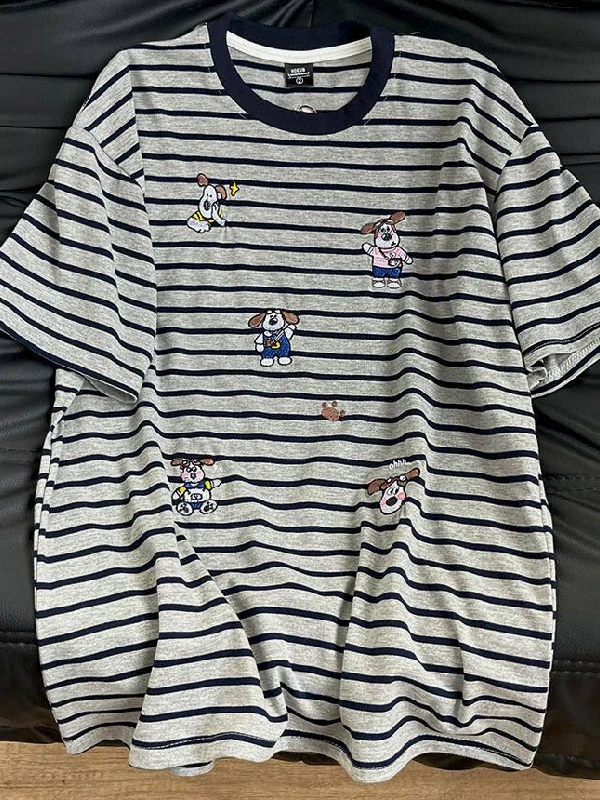 

plus Size Women's Striped Dog Embroidery Short Sleeve T-Shirt Loose Summer College Style Age-Defying Half Sleeve Top
