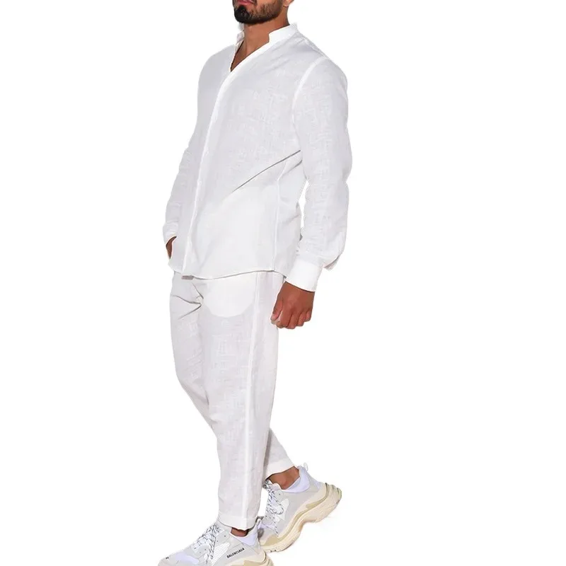 

Men's Lightweight Luxury Fashion Sports Cotton Linen Long Sleeved Casual Shirt Fashionable Men's Work Pants Two-piece Set