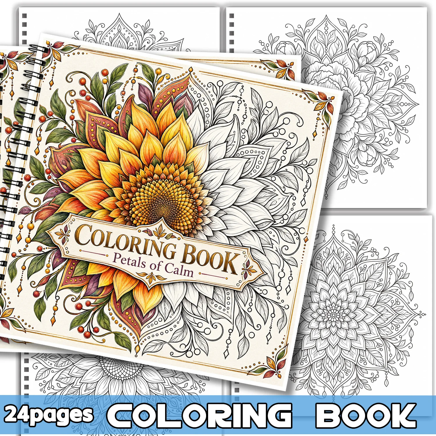 Spiral Binding Coloring Book Petals of Calm Mandala Design for Adults Teens Showcasing Creativity Relieving Stress, 24 Pages