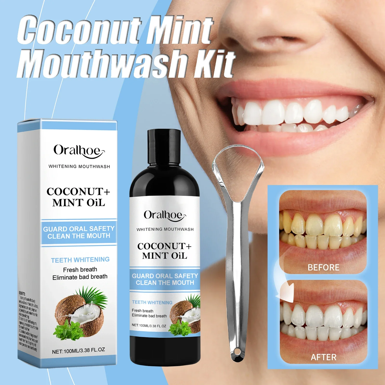 Kokosnoot Mint Mondwater Kit Met Tongschraper Frisse Orale Adem Geurverwijdering Tongschraper Set Tool Tand Mondverzorging Mondwater