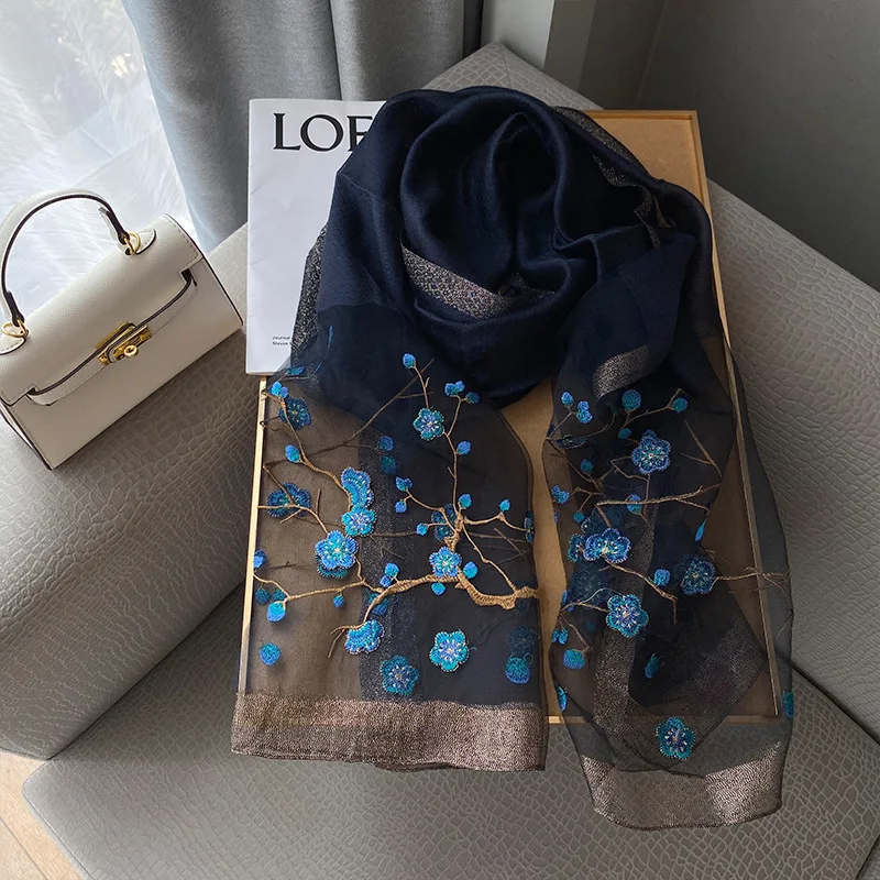 Silk Women Scarf Wool Shawls Lady Wraps Bufanda Floral Pashmina Embroidery Scarves Foulard Wholesale Hijab Long Pashmina Bandana