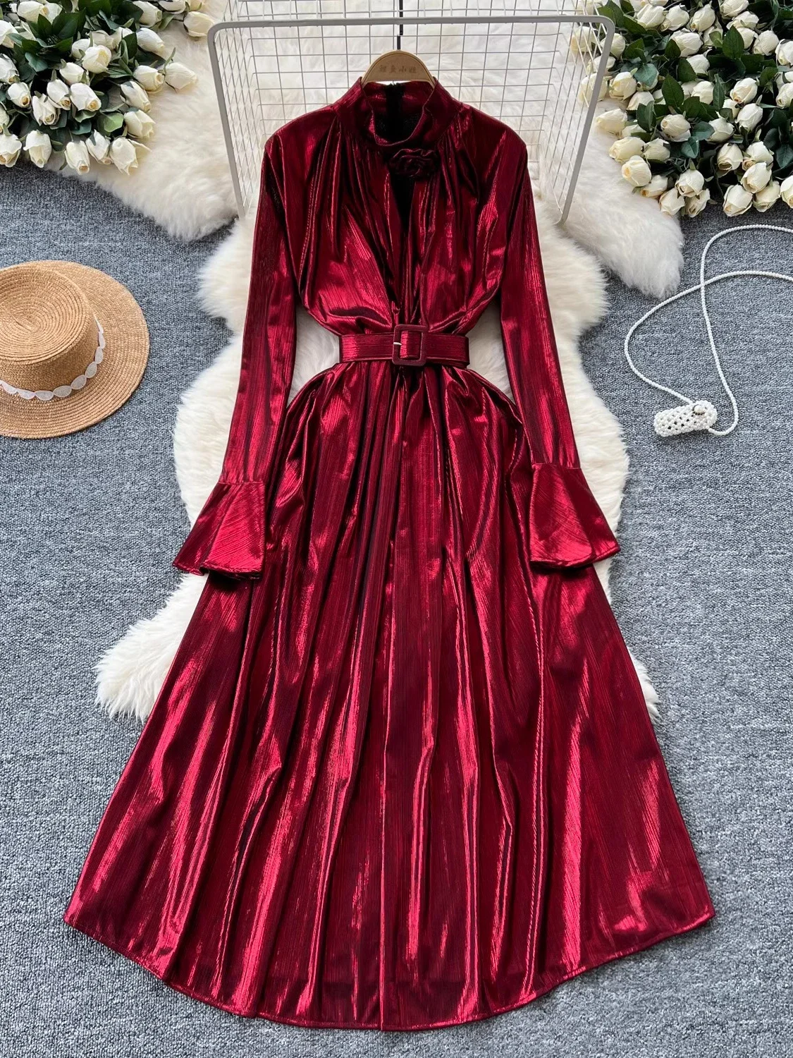 

Spring Autumn Women Burgundy Red/Green/Purple/Red Party Long Dress Vintage Stand Collar Flare Sleeve A-Line Vestidos Robe New