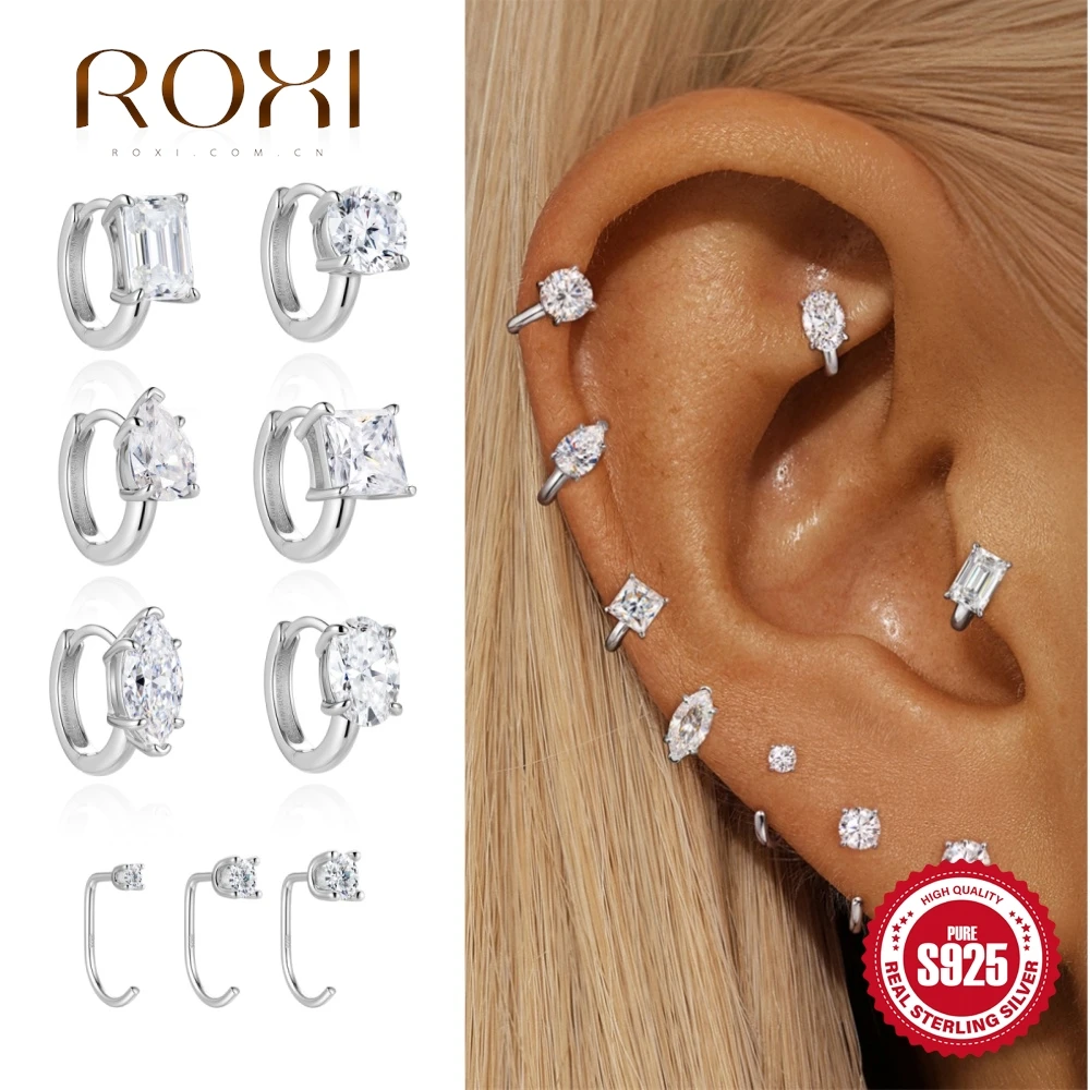 ROXI 1PC S925 Silver Moissanite Huggie Hoop Multi Cut Round Oval Teardrop Square Baguette C Shape Cartilage Ear Jewelry Women