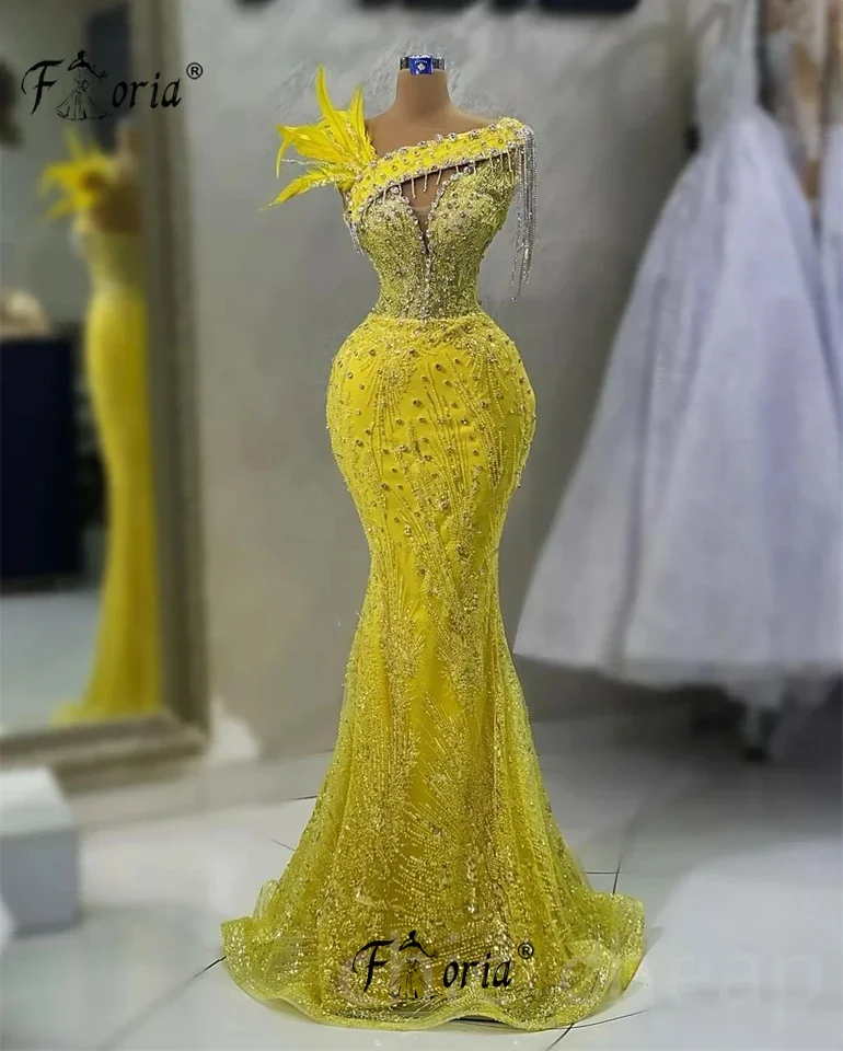 Delicate Crystal Beaded Mermaid Formal Evening Dress Full Beadings Tassel Feathers Yellow Prom Dress Custom Made Robe De Soiree