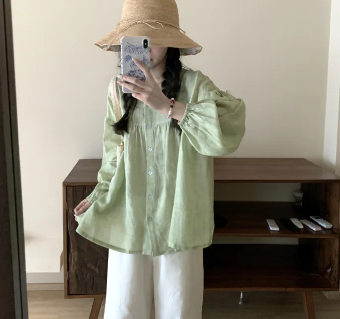 Women's Light Green Linen-Blend Peplum Blouse, U-Neck Button-Down Short Sleeve Top, Casual Loose-Fit Summer Shirt 6