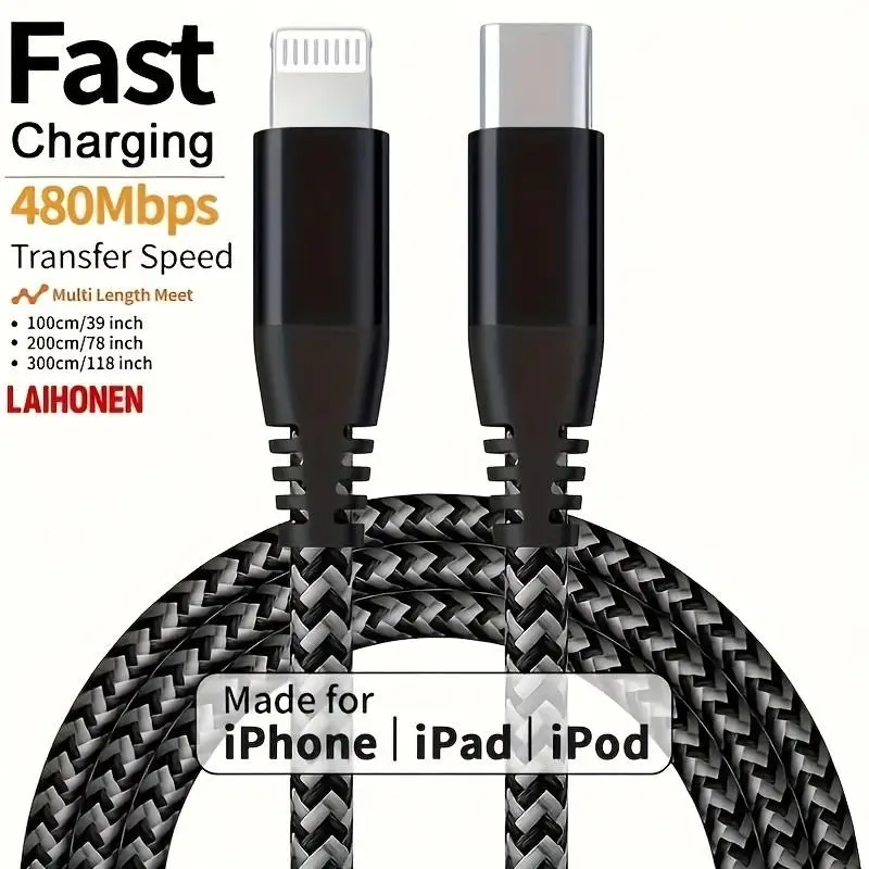 LAIHONEN 9V2.22A USB-C-auf-Lightning-Kabel, robustes, geflochtenes Nylon-Schnelllade-Datenkabel, grau-weiß, schwarz-grau, für iPhone