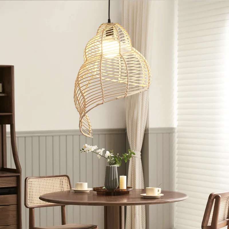 Conch rotating rattan chandelier Chinese restaurant tea room zen rattan art chandelier retro Japanese creative bedside chandelie