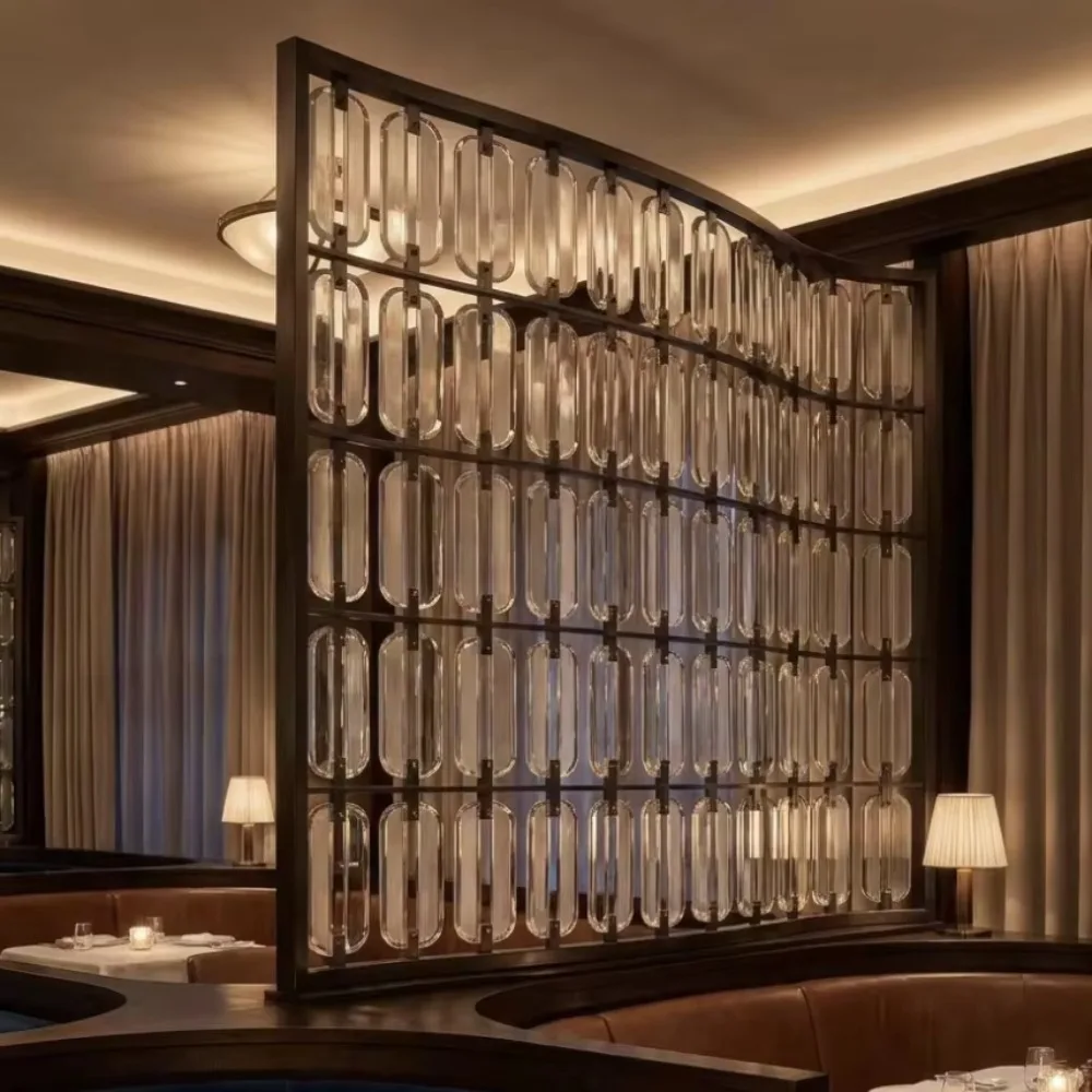 Luxury Hotel Restaurant Partition Wall-Customized Stainless Steel Metal Screen With Frosted Acrylic Glass Inserts Home Bar Decor