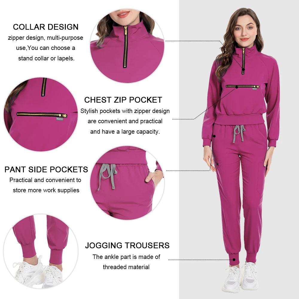 의료 유니폼 여성 스크럽 세트 의료 스크럽 탑 바지 긴 소매 지퍼 스탠드 칼라 유니폼 고품질 스크럽 여성