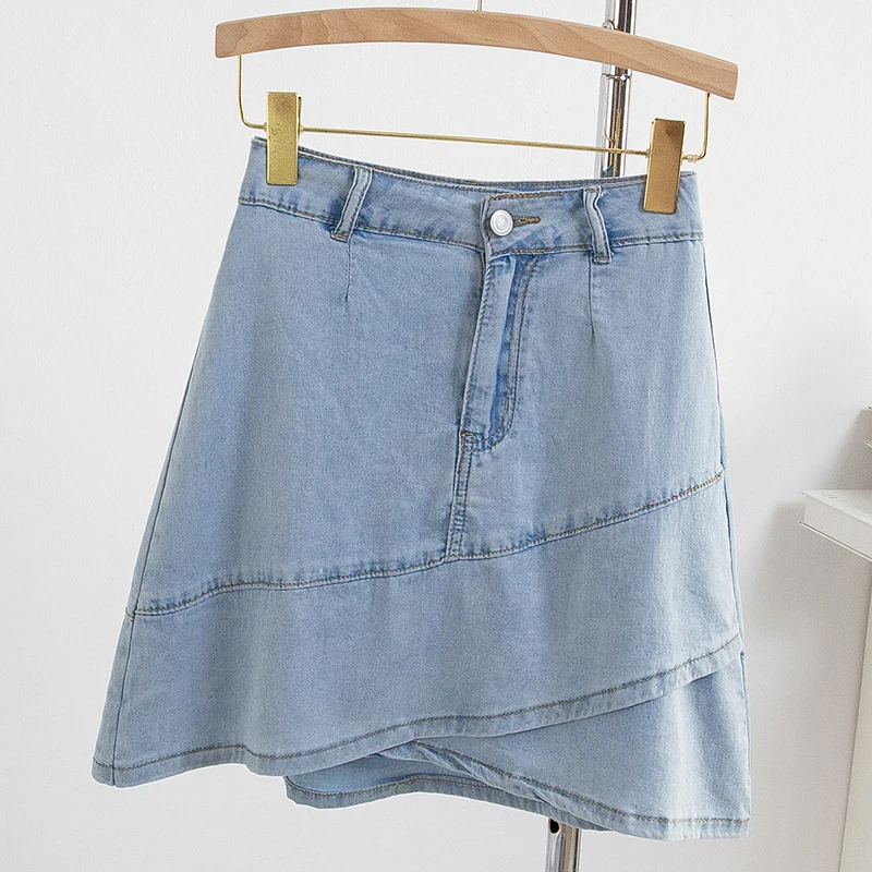 Spódnica Plus Size Kobiety 2024 Jesień Nowość Błękitny kolor Spódnica dżinsowa z podszewką Koreański styl Mini dżinsy Spódnice