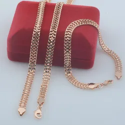 6mm Men Women Jewelry 585 Rose Gold Color Curb  Necklace Bracelet Set