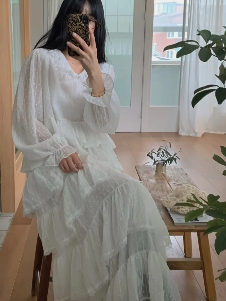 Vestido Longo E em Camadas Estilo Dongdaemun INS Exclusivo Online Chinês Primavera Outono Inverno Espura Regular