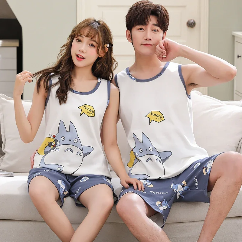 Para modne piżamy bez rękawów kreskówka nadruk kaczki Kawaii bielizna nocna młodzi mężczyźni i kobiety Homewear piżamy studenckie
