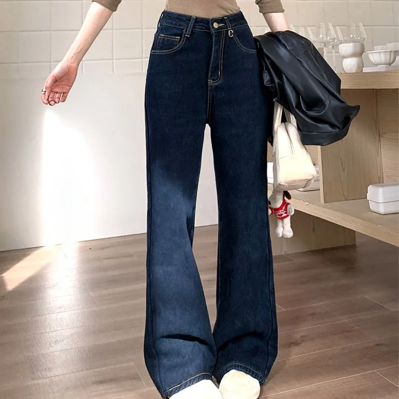 

2025 Winter Women's Y2K Jeans Vintage Navy Wide Leg Pants High Waist Plush Lined Extra Long Draped Trousers