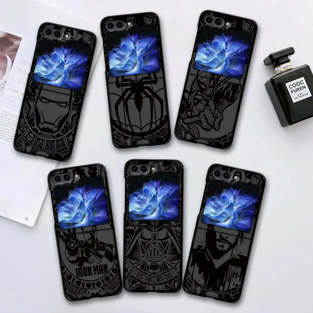 Marvel Iron Man Sqiderman Case for Samsung Galaxy Z Flip 6 5 Black Hard Cover Flip6 Flip5 Mobile Phone Shell Zflip6 Zflip5 Funda